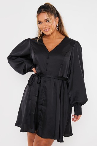 IN THE STYLE x ASH BLACK BUTTON FRONT BALLOON SLEEVE SATIN DRESS ~ Ashleigh Huish inspired dresses - flipped