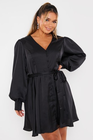 IN THE STYLE x ASH BLACK BUTTON FRONT BALLOON SLEEVE SATIN DRESS ~ Ashleigh Huish inspired dresses