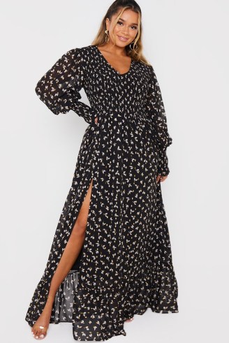 IN THE STYLE x ASH BLACK FOIL DITSY PRINT SHIRRED BALLOON SLEEVE MAXI DRESS ~ Ashleigh Huish inspired fashion ~ celebrity style party dresses - flipped
