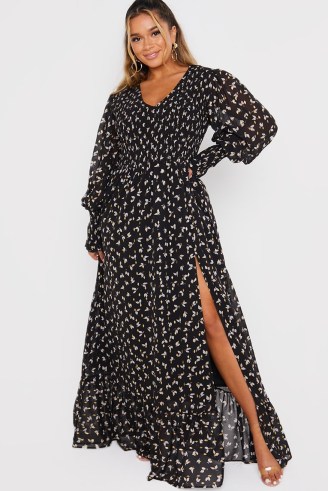 IN THE STYLE x ASH BLACK FOIL DITSY PRINT SHIRRED BALLOON SLEEVE MAXI DRESS ~ Ashleigh Huish inspired fashion ~ celebrity style party dresses