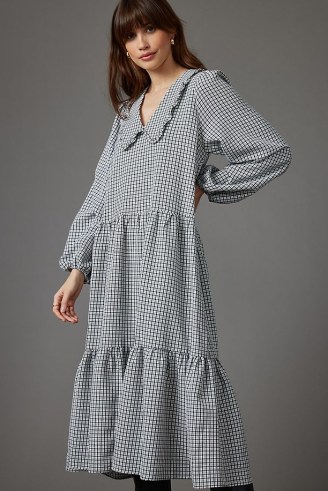 Stella Nova Nimi Midi Dress / check print oversized collar dresses / tiered fashion / ruffle trimmed collars - flipped