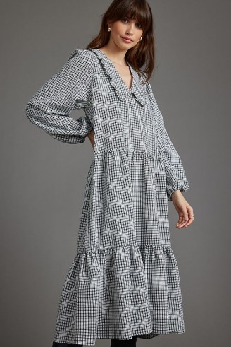 Stella Nova Nimi Midi Dress / check print oversized collar dresses / tiered fashion / ruffle trimmed collars