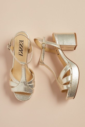 Esska Vegan Charlie Heeled Sandals in Silver / metallic chunky heel vintage style shoes / retro T-bar platforms - flipped