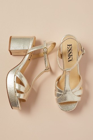 Esska Vegan Charlie Heeled Sandals in Silver / metallic chunky heel vintage style shoes / retro T-bar platforms