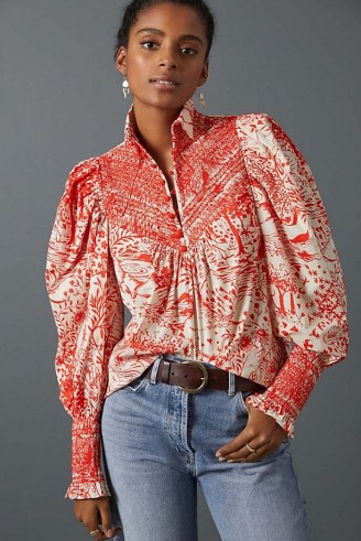 Hope For Flowers by Tracy Reese Puff-Sleeved Toile Blouse Red Motif / feminine balloon sleeve high collar blouses / womens floral organic cotton fashion - flipped