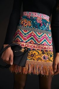 ANTHROPOLOGIE Fringed Abstract Knitted Mini Skirt Pink Combo ~ mixed pattern fringe hem skirts