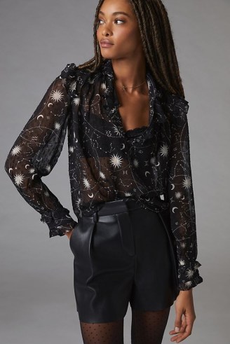 ANTHROPOLOGIE Celestial Puff-Sleeved Blouse Black Motif ~ sheer ruffle trim blouses - flipped