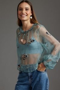 ANTHROPOLOGIE Beaded Silk-Organza Blouse in Sky ~ sheer blue bead embellished blouses ~ romantic fashion ~ romance inspired clothing