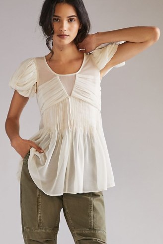 Forever That Girl Ruched Puff-Sleeved Tunic Blouse in White ~ beautifully feminine pleat detail blouses ~ short puffed sleeves