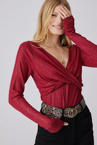 ANTHROPOLOGIE Twist-Front Shimmer Top in Wine ~ glamorous glitter effect evening tops - flipped