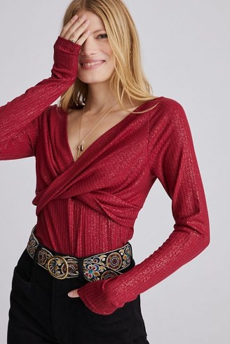 ANTHROPOLOGIE Twist-Front Shimmer Top in Wine ~ glamorous glitter effect evening tops
