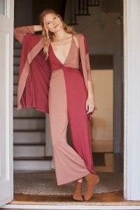 Daily Practice by Anthropologie Twist-Front Colourblocked Jumpsuit in Raspberry / skinny strap wide leg loungwear jumpsuits