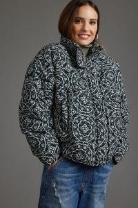 ANTHROPOLOGIE Recycled Short Puffer Jacket ~ women’s printed padded jackets ~ stylish winter outerwear