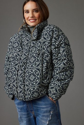 ANTHROPOLOGIE Recycled Short Puffer Jacket ~ women’s printed padded jackets ~ stylish winter outerwear - flipped