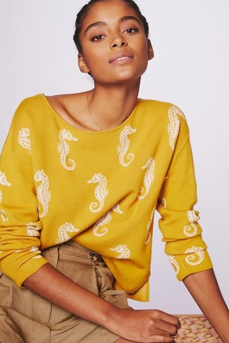 Maeve Seahorse Jumper in Gold / sea inspired knitwear seahorses on women’s fashion - flipped