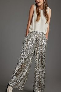 Selected Femme Selene Sequinned Trousers in Silver / glittering wide leg evening trousers / womens sequin embellished party fashion