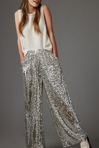 Selected Femme Selene Sequinned Trousers in Silver / glittering wide leg evening trousers / womens sequin embellished party fashion - flipped