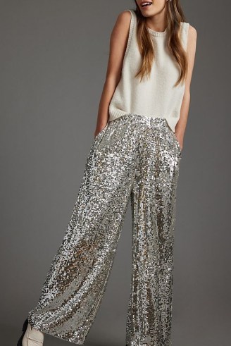 Selected Femme Selene Sequinned Trousers in Silver / glittering wide leg evening trousers / womens sequin embellished party fashion