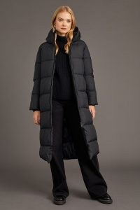 Ecoalf Long Puffer Coat in Black – womens longline padded winter coats – women’s hooded outerwear