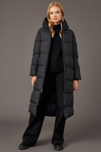 Ecoalf Long Puffer Coat in Black – womens longline padded winter coats – women’s hooded outerwear - flipped