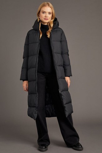 Ecoalf Long Puffer Coat in Black – womens longline padded winter coats – women’s hooded outerwear