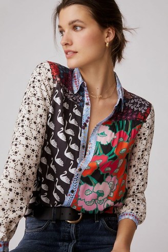 Maeve Alida Contrast Buttondown Shirt. WOMEN’S MIXED PRINT SHIRTS - flipped