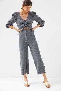 Daily Practice by Anthropologie Ruffled Knit Lounge Set Grey / women’s loungewear sets / knitted co-ords / womens ruffle top and trousers co-ord