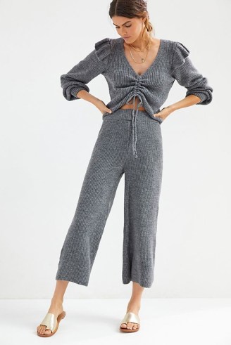 Daily Practice by Anthropologie Ruffled Knit Lounge Set Grey / women’s loungewear sets / knitted co-ords / womens ruffle top and trousers co-ord - flipped