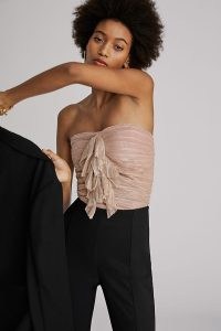 ANTHROPOLOGIE Ruffled Metallic Tube Top in Pink / strapless front ruffle evening tops / evening glamour