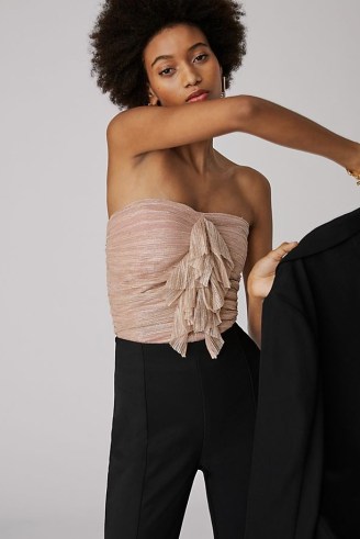 ANTHROPOLOGIE Ruffled Metallic Tube Top in Pink / strapless front ruffle evening tops / evening glamour - flipped
