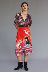 ANTHROPOLOGIE Puff-Sleeved Midi Dress Red Motif ~ bird and floral mixed print dresses ~ multi prints