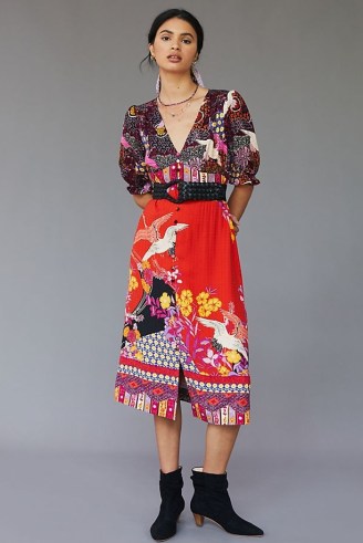 ANTHROPOLOGIE Puff-Sleeved Midi Dress Red Motif ~ bird and floral mixed print dresses ~ multi prints - flipped