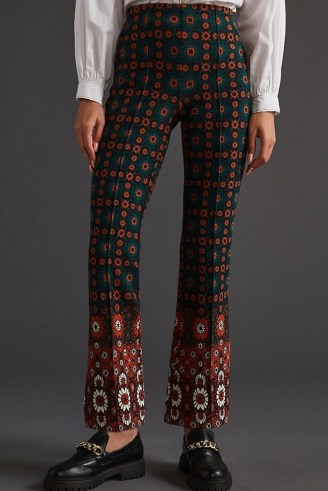 Maeve Knit Kick-Flare Trousers Green Motif / womens floral flares