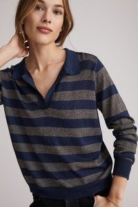 ANTHROPOLOGIE Striped Shimmer Polo Jumper Navy / womens blue collared metallic stripe jumpers