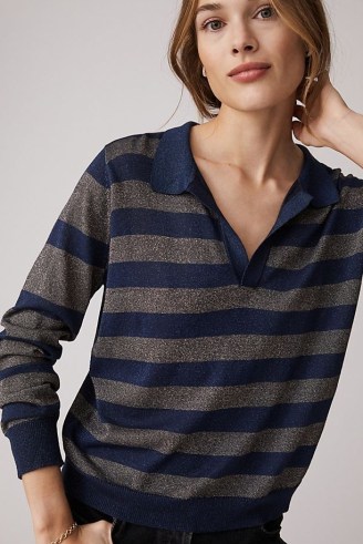 ANTHROPOLOGIE Striped Shimmer Polo Jumper Navy / womens blue collared metallic stripe jumpers - flipped