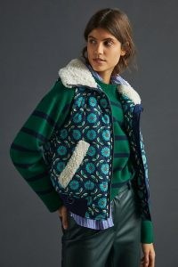 Maeve Sherpa-Trimmed Puffer Vest Blue Motif / floral sleeveless jackets / women’s casual faux shearling trim jackets
