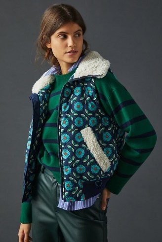 Maeve Sherpa-Trimmed Puffer Vest Blue Motif / floral sleeveless jackets / women’s casual faux shearling trim jackets - flipped