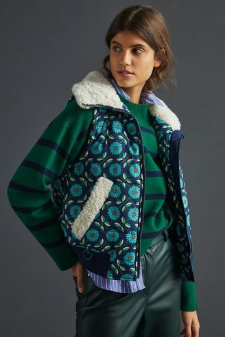 Maeve Sherpa-Trimmed Puffer Vest Blue Motif / floral sleeveless jackets / women’s casual faux shearling trim jackets