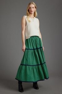 ANTHROPOLOGIE Gingham Tiered Maxi Skirt in Green / women’s cotton checked skirts
