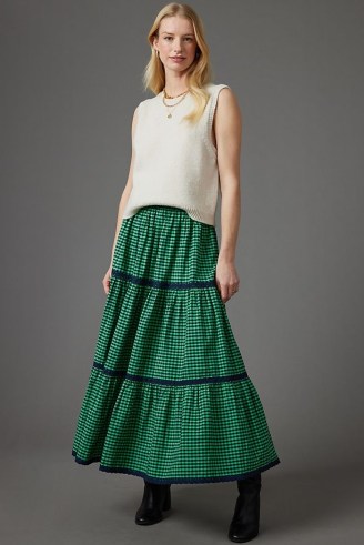 ANTHROPOLOGIE Gingham Tiered Maxi Skirt in Green / women’s cotton checked skirts - flipped