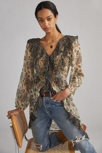Let Me Be Sheer Femme Maxi Buttondown Shirt / floral longline ruffle edged shirts / womens feminine fashion
