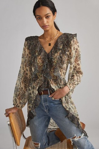Let Me Be Sheer Femme Maxi Buttondown Shirt / floral longline ruffle edged shirts / womens feminine fashion