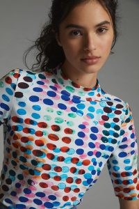 ANTHROPOLOGIE Mock-Neck Pullover Top in Sky / women’s multicoloured spot print short sleeve high neck tops / womens casual cotton fashion