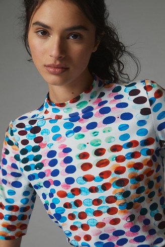 ANTHROPOLOGIE Mock-Neck Pullover Top in Sky / women’s multicoloured spot print short sleeve high neck tops / womens casual cotton fashion - flipped