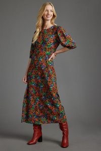 Kachel Lily Floral-Print Midi Dress / multicoloured round neck puff sleeve dresses