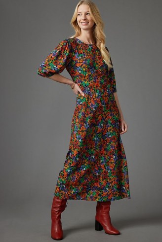 Kachel Lily Floral-Print Midi Dress / multicoloured round neck puff sleeve dresses - flipped