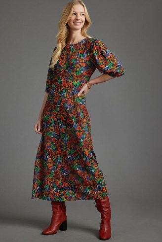 Kachel Lily Floral-Print Midi Dress / multicoloured round neck puff sleeve dresses