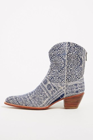 Momo Design Tile Mosaic Western Boots in blue / women’s printed cowboy ankle boots - flipped