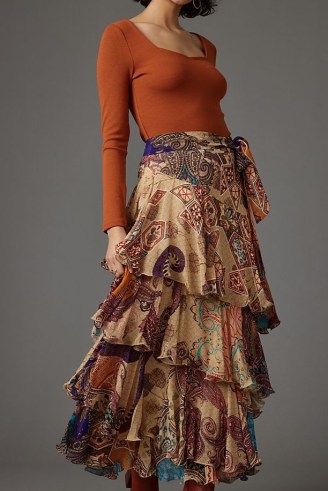 Bhanuni by Jyoti Ruffled Midi Skirt | layered mixed print skirts | tiered fashion | multi prints - flipped