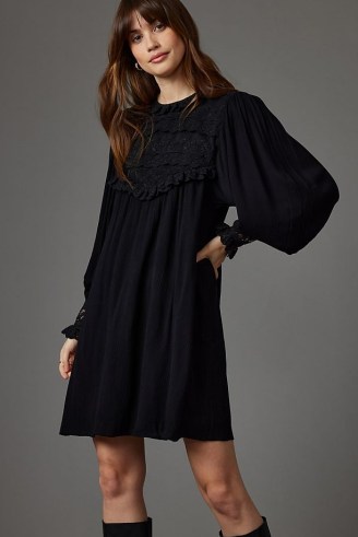 Anthropologie Layered Lace Tunic Mini Dress Black | balloon sleeve dresses - flipped